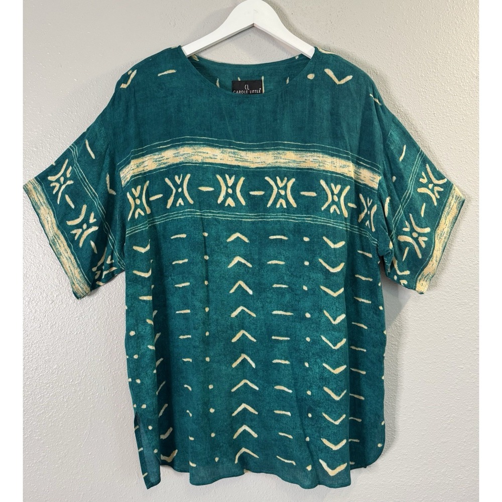 Vintage 90s Boho Tribal Teal Oversized Tunic Top Artsy Hippie Festival USA L